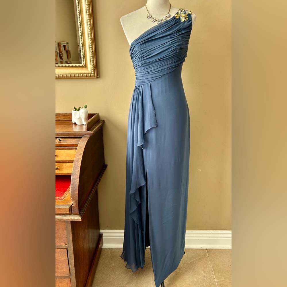Marchesa Notte Blue Silk Chiffon One Shoulder Embellished Gown Maxi Dress Size 8